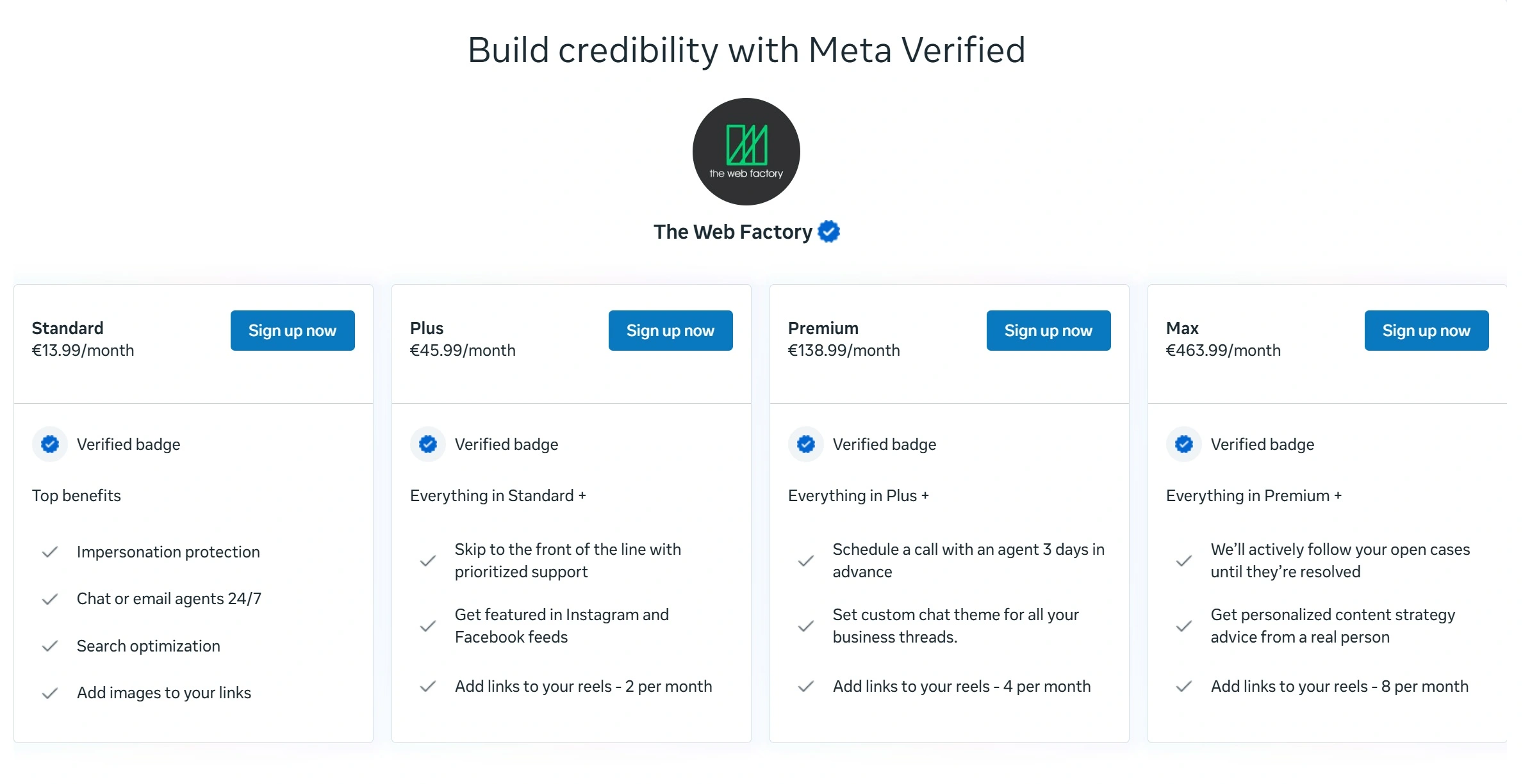 Confronto dei piani Meta Verified Standard, Plus, Premium e Max con prezzi mensili e principali vantaggi